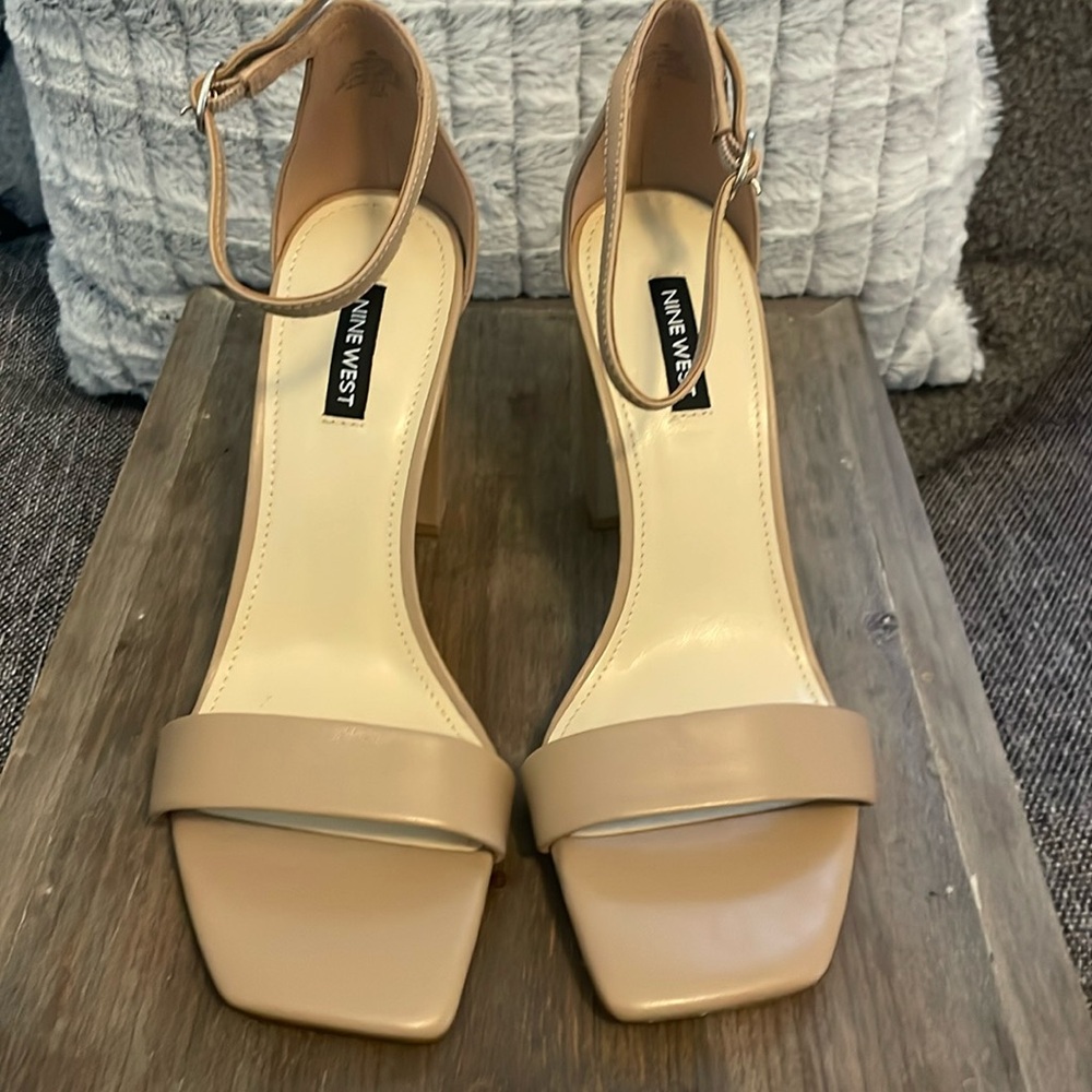 Nine West, tan, ankle strap, high heel sandle.